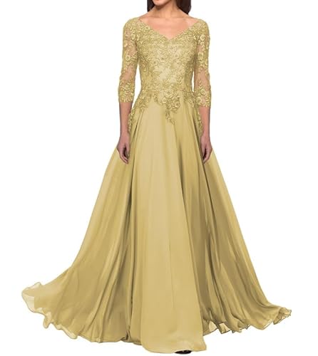 FJLESWRT Abendkleider Elegant für Hochzeit Spitze Brautmutterkleider mit Ärmel Lang Chiffon Hochzeitsgast Kleid V-Ausschnitt Gold 38 von FJLESWRT