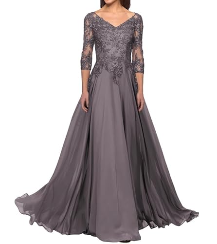 FJLESWRT Abendkleider Elegant für Hochzeit Spitze Brautmutterkleider mit Ärmel Lang Chiffon Hochzeitsgast Kleid V-Ausschnitt Grau 42 von FJLESWRT