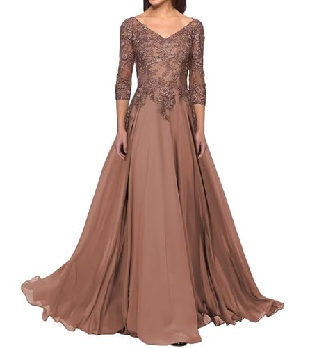 FJLESWRT Abendkleider Elegant für Hochzeit Spitze Brautmutterkleider mit Ärmel Lang Chiffon Hochzeitsgast Kleid V-Ausschnitt Hellbraun 40 von FJLESWRT