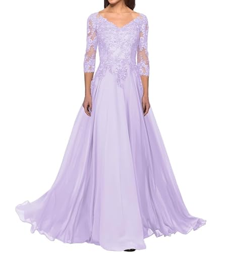 FJLESWRT Abendkleider Elegant für Hochzeit Spitze Brautmutterkleider mit Ärmel Lang Chiffon Hochzeitsgast Kleid V-Ausschnitt Lila 38 von FJLESWRT