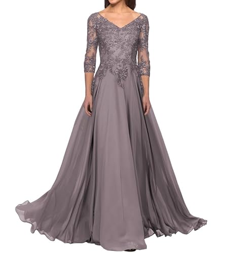 FJLESWRT Abendkleider Elegant für Hochzeit Spitze Brautmutterkleider mit Ärmel Lang Chiffon Hochzeitsgast Kleid V-Ausschnitt Mauve 36 von FJLESWRT