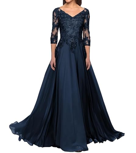 FJLESWRT Abendkleider Elegant für Hochzeit Spitze Brautmutterkleider mit Ärmel Lang Chiffon Hochzeitsgast Kleid V-Ausschnitt Navyblau 42 von FJLESWRT