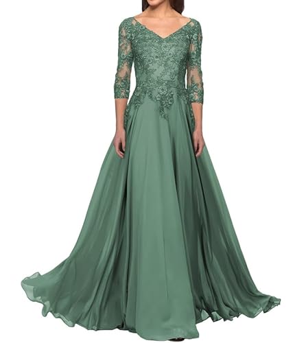 FJLESWRT Abendkleider Elegant für Hochzeit Spitze Brautmutterkleider mit Ärmel Lang Chiffon Hochzeitsgast Kleid V-Ausschnitt Pastellgrün 44 von FJLESWRT