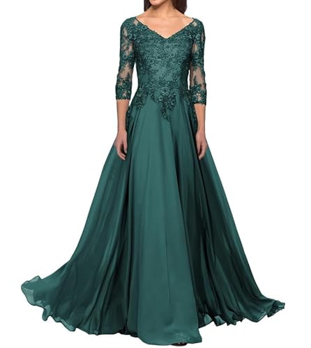 FJLESWRT Abendkleider Elegant für Hochzeit Spitze Brautmutterkleider mit Ärmel Lang Chiffon Hochzeitsgast Kleid V-Ausschnitt Pfau 38 von FJLESWRT