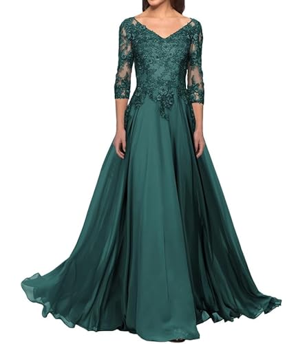 FJLESWRT Abendkleider Elegant für Hochzeit Spitze Brautmutterkleider mit Ärmel Lang Chiffon Hochzeitsgast Kleid V-Ausschnitt Pfau 44 von FJLESWRT