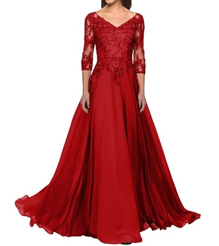 FJLESWRT Abendkleider Elegant für Hochzeit Spitze Brautmutterkleider mit Ärmel Lang Chiffon Hochzeitsgast Kleid V-Ausschnitt Rot 42 von FJLESWRT