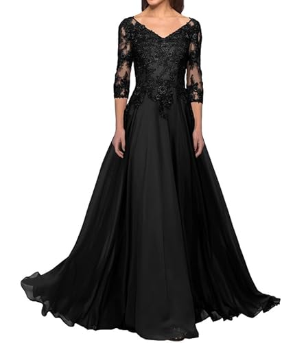 FJLESWRT Abendkleider Elegant für Hochzeit Spitze Brautmutterkleider mit Ärmel Lang Chiffon Hochzeitsgast Kleid V-Ausschnitt Schwarz 46 von FJLESWRT