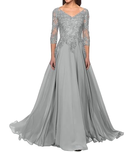 FJLESWRT Abendkleider Elegant für Hochzeit Spitze Brautmutterkleider mit Ärmel Lang Chiffon Hochzeitsgast Kleid V-Ausschnitt Silber 40 von FJLESWRT