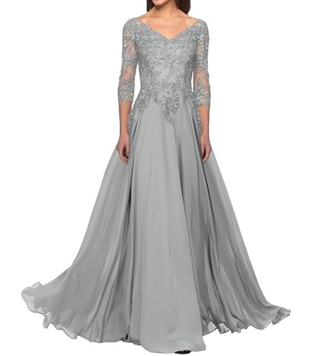 FJLESWRT Abendkleider Elegant für Hochzeit Spitze Brautmutterkleider mit Ärmel Lang Chiffon Hochzeitsgast Kleid V-Ausschnitt Silber 44 von FJLESWRT