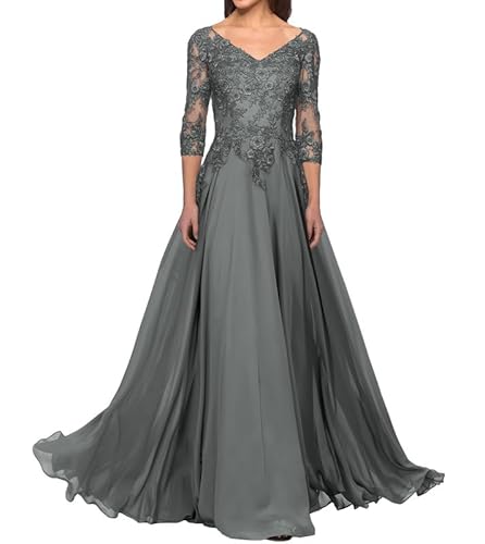 FJLESWRT Abendkleider Elegant für Hochzeit Spitze Brautmutterkleider mit Ärmel Lang Chiffon Hochzeitsgast Kleid V-Ausschnitt Stahlgrau 42 von FJLESWRT