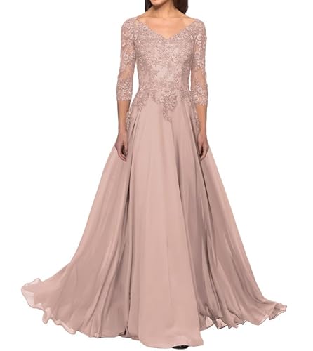 FJLESWRT Abendkleider Elegant für Hochzeit Spitze Brautmutterkleider mit Ärmel Lang Chiffon Hochzeitsgast Kleid V-Ausschnitt Staubige Rose 38 von FJLESWRT