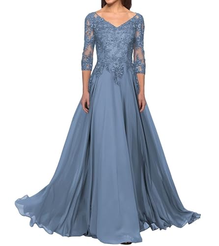 FJLESWRT Abendkleider Elegant für Hochzeit Spitze Brautmutterkleider mit Ärmel Lang Chiffon Hochzeitsgast Kleid V-Ausschnitt Staubiges Blau 38 von FJLESWRT