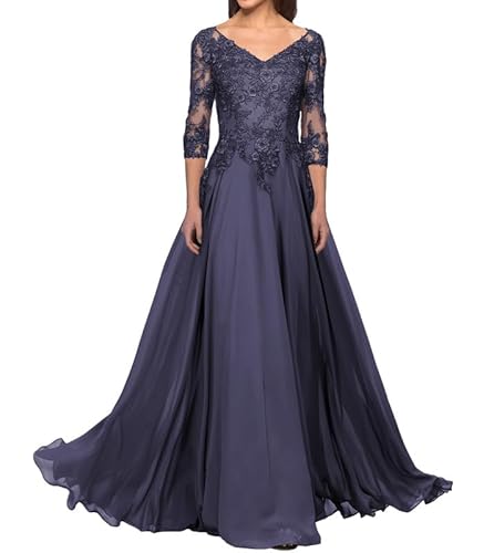 FJLESWRT Abendkleider Elegant für Hochzeit Spitze Brautmutterkleider mit Ärmel Lang Chiffon Hochzeitsgast Kleid V-Ausschnitt Stürmisches Blau 36 von FJLESWRT