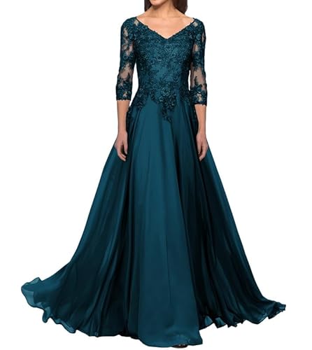 FJLESWRT Abendkleider Elegant für Hochzeit Spitze Brautmutterkleider mit Ärmel Lang Chiffon Hochzeitsgast Kleid V-Ausschnitt Teal 36 von FJLESWRT