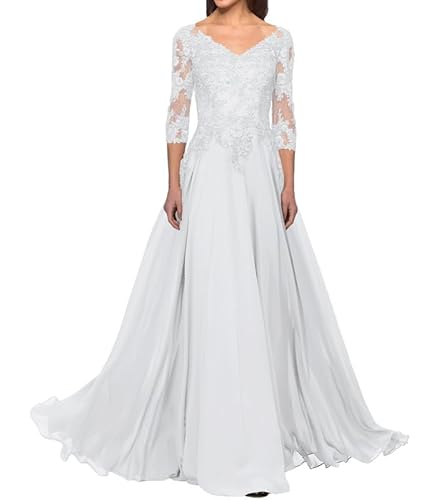 FJLESWRT Abendkleider Elegant für Hochzeit Spitze Brautmutterkleider mit Ärmel Lang Chiffon Hochzeitsgast Kleid V-Ausschnitt Weiß 46 von FJLESWRT