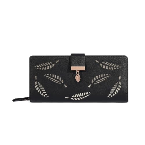 FJOADNVM Geldbeutel Damen Groß Damen Geldbörse Leder Lange Gold Hohle Blätter Beutel Handtasche for Frauen Münzgeldbörse Kartenhalter Clutch(Black) von FJOADNVM