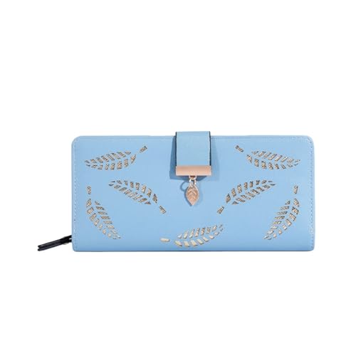 FJOADNVM Geldbeutel Damen Groß Damen Geldbörse Leder Lange Gold Hohle Blätter Beutel Handtasche for Frauen Münzgeldbörse Kartenhalter Clutch(Blue) von FJOADNVM