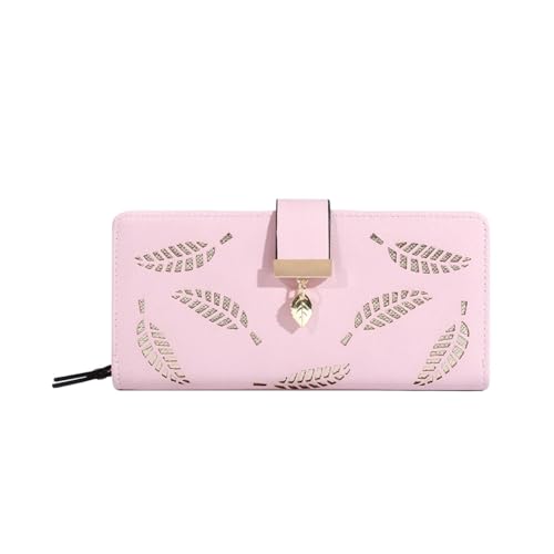 FJOADNVM Geldbeutel Damen Groß Damen Geldbörse Leder Lange Gold Hohle Blätter Beutel Handtasche for Frauen Münzgeldbörse Kartenhalter Clutch(Pink) von FJOADNVM