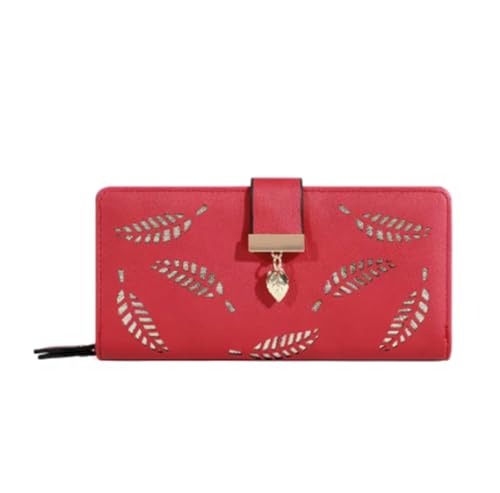 FJOADNVM Geldbeutel Damen Groß Damen Geldbörse Leder Lange Gold Hohle Blätter Beutel Handtasche for Frauen Münzgeldbörse Kartenhalter Clutch(Red) von FJOADNVM