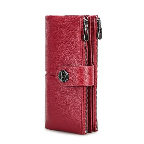 FJOADNVM Geldbeutel Damen Groß Echtes Leder Lange Brieftasche Frauen Grün Zipper Telefon Tasche Geldbörse Geld Mit Slot Weibliche Kupplung Brieftaschen(Red) von FJOADNVM