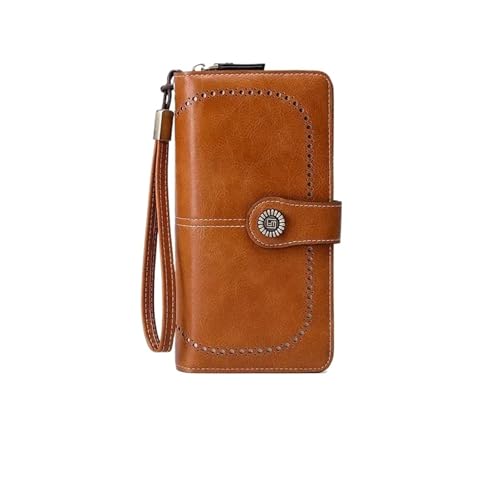 Geldbeutel Damen Groß Damen Geldbörse RFID Anti-Diebstahl Leder Geldbörsen for Langer Reißverschluss Große Clutch Kartenhalter(Brown-1) von FJOADNVM