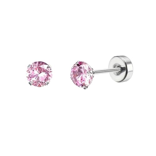 Schmuck Ohrringe 1 Paar Edelstahl Runde Cubic Flache Rückseite Ohrstecker Piercing Sleeper Knorpel Screwback Ohrstecker for Frauen(1 Pair Pink CZ) von FJOADNVM