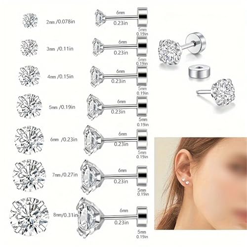 Schmuck Ohrringe 1 Paar Tragus-Ohrstecker aus Edelstahl for Frauen, rund, kubisch, flache Rückseite, Schraubverschluss, Ohrpiercing, 2–8,0 mm(3.0mm) von FJOADNVM