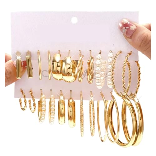 Schmuck Ohrringe Geometrischer Creolen-Ohrring mit verdrehtem Muster und mehreren Elementen, eingelegte Kunstperle in C-Form, Damen-Partyschmuck for den Alltag(Golden3-24pcs) von FJOADNVM