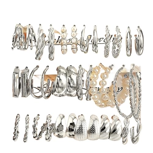 Schmuck Ohrringe Geometrischer Creolen-Ohrring mit verdrehtem Muster und mehreren Elementen, eingelegte Kunstperle in C-Form, Damen-Partyschmuck for den Alltag(Silvery2-36pcs) von FJOADNVM