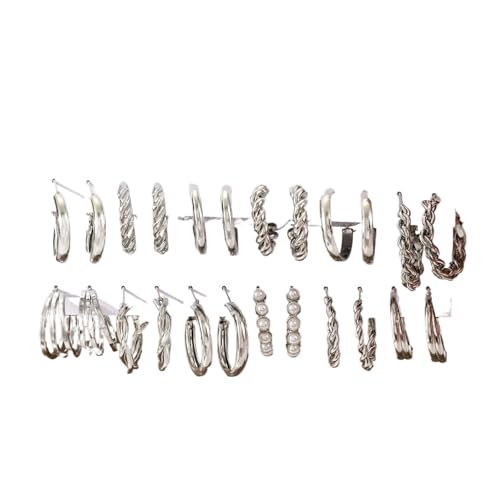 Schmuck Ohrringe Geometrischer Creolen-Ohrring mit verdrehtem Muster und mehreren Elementen, eingelegte Kunstperle in C-Form, Damen-Partyschmuck for den Alltag(Silvery4-24pcs) von FJOADNVM
