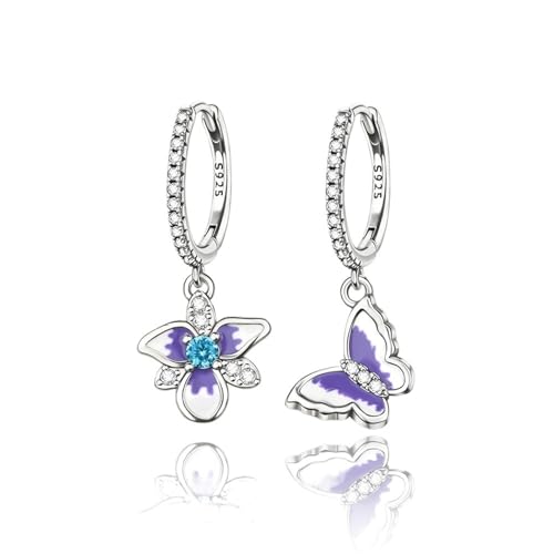 Schmuck Ohrringe Sterling Silber Lila Iris & Schmetterling Asymmetrische Ohrringe Damen Temperament von FJOADNVM