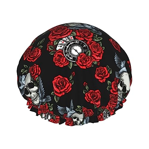 Duschhaube, Vögel, Uhr, Karten, rote Rose, Totenkopf, Badekappe für Damen, wasserdicht, doppellagig von FJQWKLF