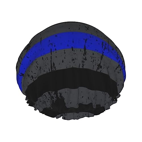 Duschhaube, dünne blaue Linie, Vintage-Retro-amerikanische Flagge, schwarze Badekappe für Damen, wasserdicht, doppellagig von FJQWKLF