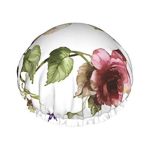 Duschhaube, wiederverwendbar, Blumen-Shabby-Chic-Stil, Rosen, Knospen, Blätter, Tulpen, floraler Schmetterling, Bade-Duschhauben für Frauen, langes Haar, doppelschichtig, wasserdicht, Bade-Duschhut, von FJQWKLF