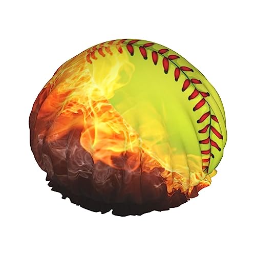 Duschhaube für Damen, elastisch und wiederverwendbar, Schutzhaar-Badekappen, doppelt wasserdicht, Bademütze (Feuerflamme, Softball, Baseballball) von FJQWKLF