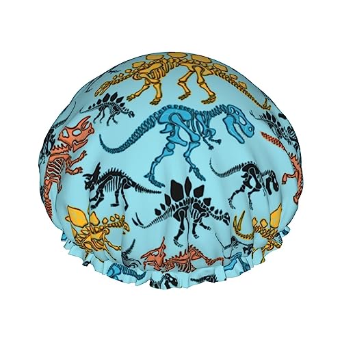 Duschhaube für Damen, verstellbar, doppelt wasserdicht, Bade-Duschhut, Dinosaurier-Skelett-Cartoon, Haarschutz, wiederverwendbar, Damen-Spa-Salon-Duschhut von FJQWKLF