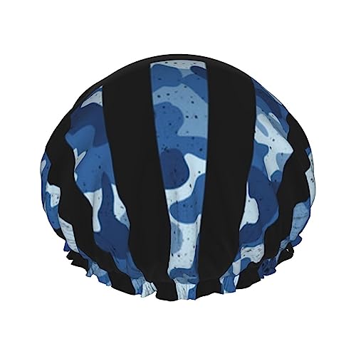 Duschhaube für Damen, verstellbar, doppelt wasserdicht, Bade-Duschhut, amerikanische Flagge, patriotisch, USA, blaues Tarnmuster, Haarschutz, wiederverwendbar, Damen-Spa-Salon-Duschhut von FJQWKLF