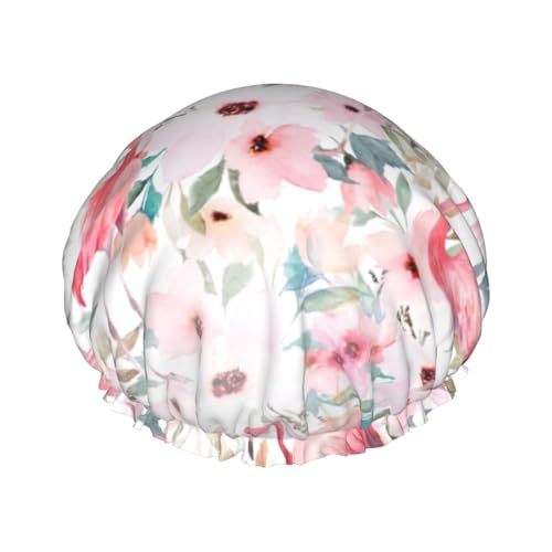Duschhaube für Damen mit Blumen- und Flamingo-Print, lustig | Neuartige Haarhaube zum Baden | Badehaube | Doppellagig von FJQWKLF