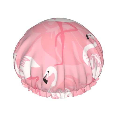 Duschhaube für Damen mit Sommer-Flamingo-Palmblätter-Aufdruck, lustig – wiederverwendbar | Neuartige Haarhaube zum Baden | Lagenhut von FJQWKLF