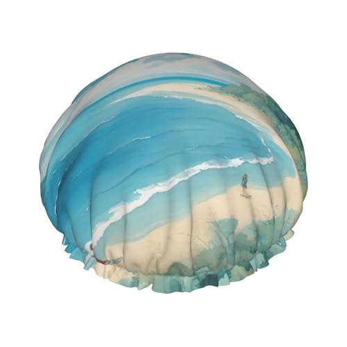 Duschhaube für Frauen mit lustigem Aufdruck „Muscheln am Strand“ – wiederverwendbar | Neuartige Haarhaube zum Baden | Lagenhut von FJQWKLF
