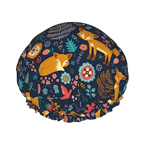 Duschhauben mit floralem Herbstlaub-Fuchsmuster, DoubleBath-Mütze für Frauen, um langes und dickes Haar zu bedecken, wiederverwendbare wasserdichte Haube von FJQWKLF