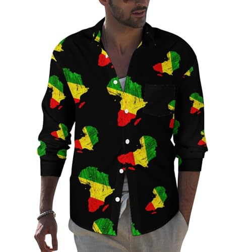 FJQWKLF Afrika Karte Reggae Rasta Herren Button-Down-Langarm-Hawaii-Hemd, lässig, Bedruckt, Sommer-Strand-Hemden, Oberteile von FJQWKLF