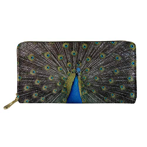 FJQWKLF Animal Print Damen Geldbörse Reißverschluss um Kupplung Lange Reisegeldbörse Pfau von FJQWKLF