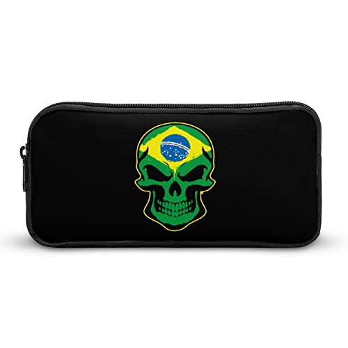 FJQWKLF Bedrucktes Federmäppchen mit Brasilien-Flagge und Totenkopf-Motiv, Stifthalter, Schreibwaren-Box, Make-up-Organizer, Aufbewahrungstasche von FJQWKLF