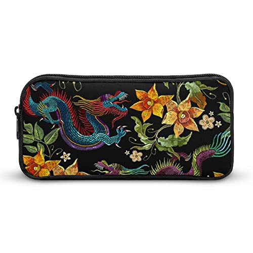 FJQWKLF Bedrucktes Federmäppchen mit Drachen- und Narzissenblumen-Motiv, Stifthalter, Schreibwarenbox, Make-up-Organizer, Aufbewahrungstasche von FJQWKLF