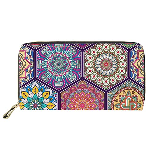 FJQWKLF Böhmische Mandala-Blumen-Geldbörsen für Frauen, Organizer-Geldbörse mit Rundum-Reißverschluss, wasserdichte Leder-Clutch-Kartenetuis, Geldbeutel von FJQWKLF