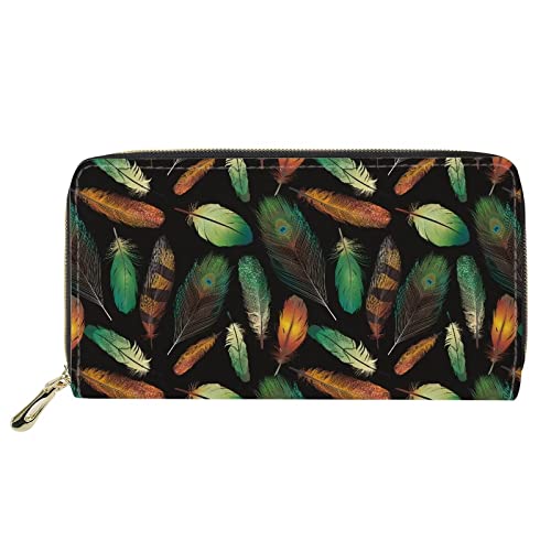 FJQWKLF Boho Pfauenfederdruck Damenmode PU-Leder Lange Brieftasche Kupplung Kartenhalter Organizer Münzbeutel mit Reißverschluss von FJQWKLF