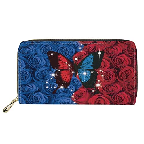 FJQWKLF Brieftasche Frauen Leder Mode Geldscheinklammern Langer Reißverschluss Handtaschendruck Schmetterling Blau Rot Rose Mädchen Party Handtasche Handyhalter von FJQWKLF