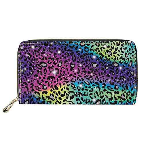 FJQWKLF Buntes Leopardenmuster mit Reise-Clutch Damen Mädchen Geldbörsen Leder mit Kartenhalter Geldbörse Reißverschluss um von FJQWKLF