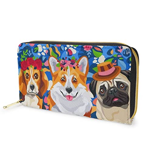 FJQWKLF Corgi Mops und Blumendruck Frauen Leder Handytasche Geldbörse, Lange PU Leder Geldbörse Geldbörse Schlank Kartenhalter Reise Geldbörse Handtasche von FJQWKLF